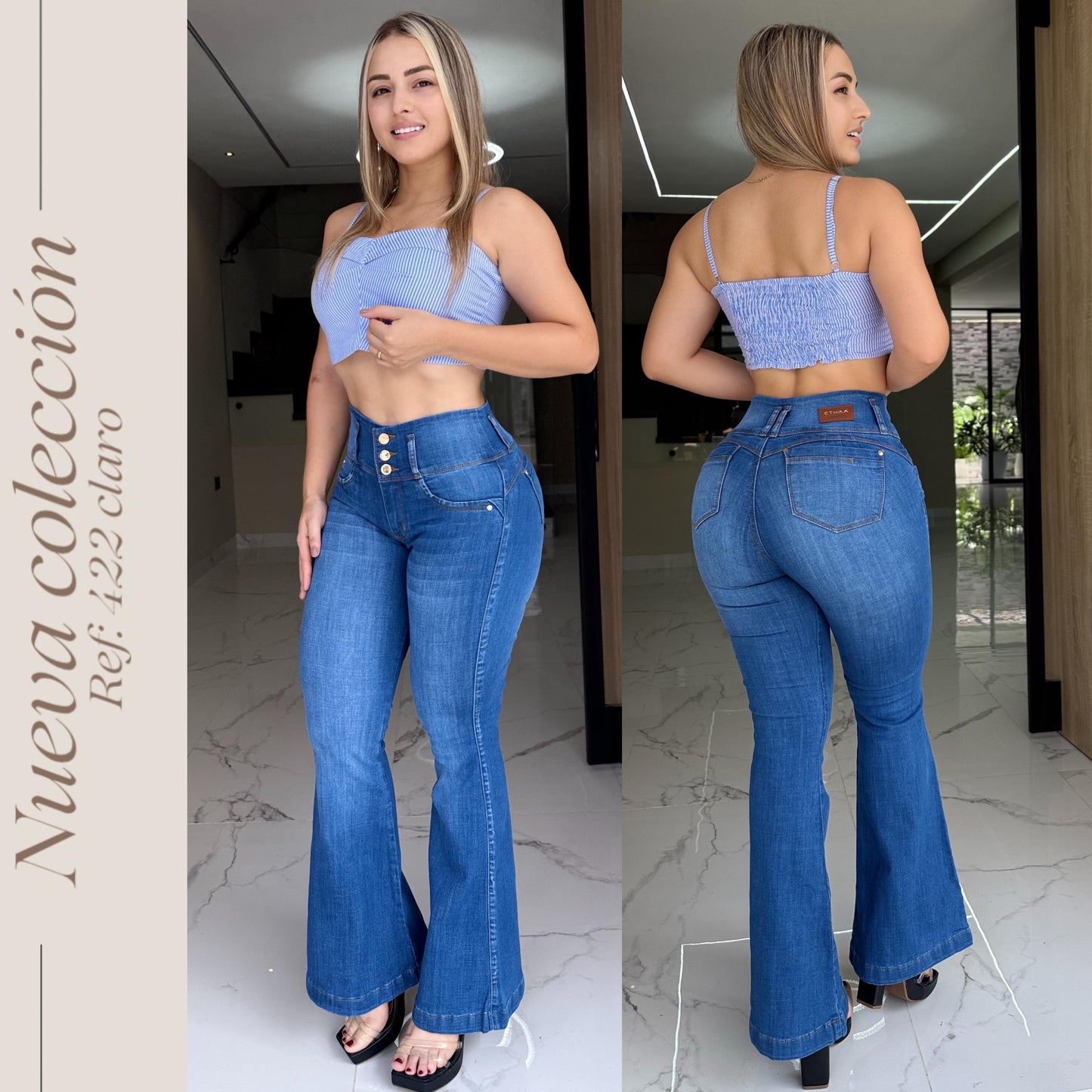 JEANS BOTA CAMPANA 3 BOTONES CLARO RF:422