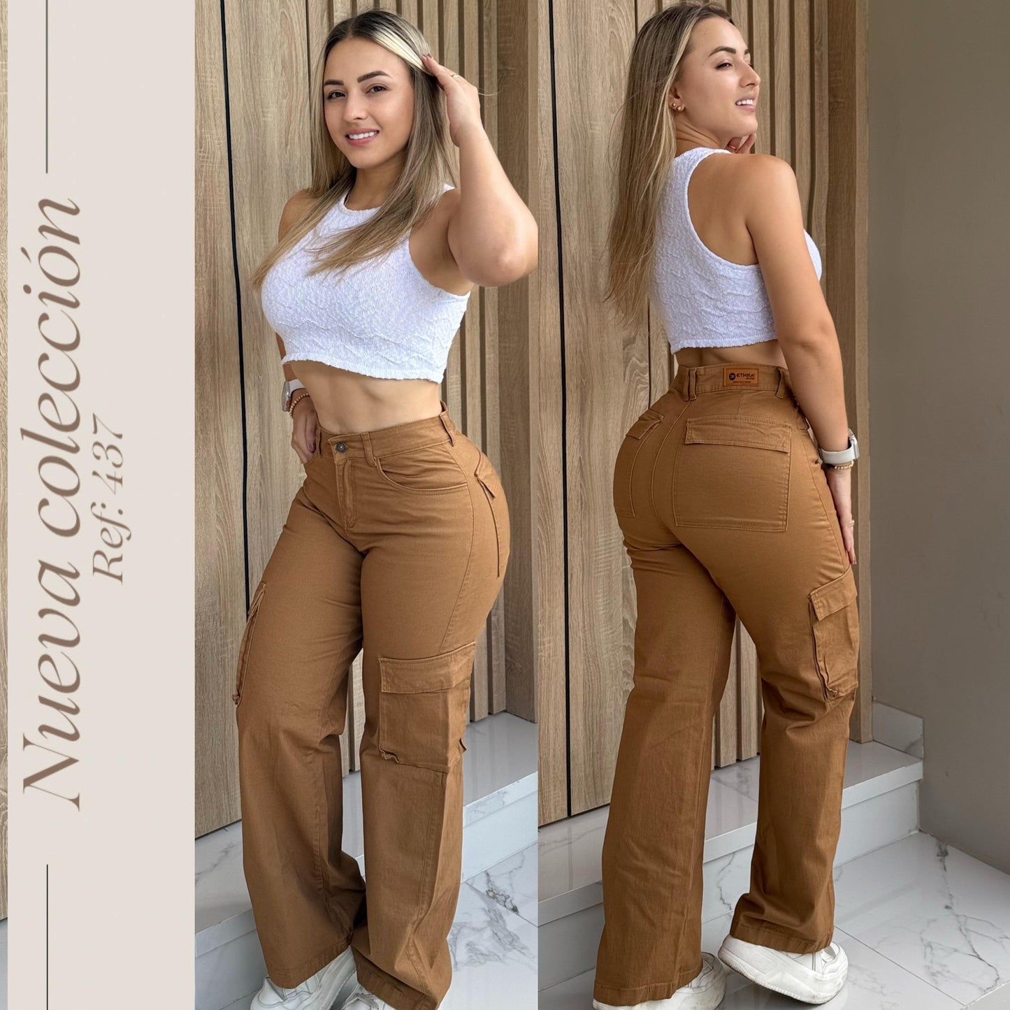JEANS DAMA CARGO COLOR MOSTAZA TIRO ALTO RF:437
