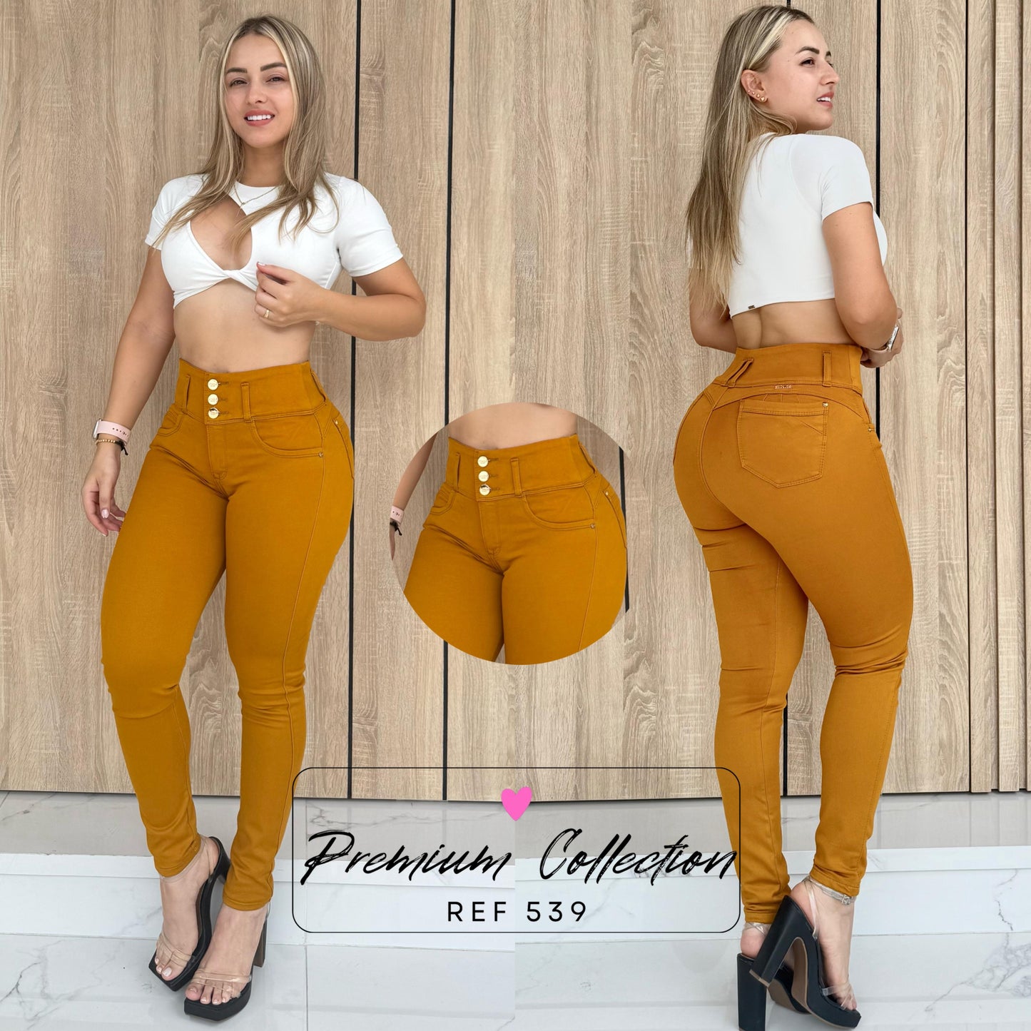 JEANS DAMA LEVANTA COLA COLOR MOSTAZA REF:539