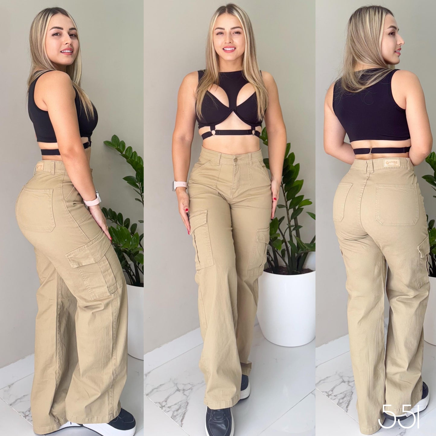 JEANS DAMA CARGO COLOR KAKI TIRO ALTO RF:551