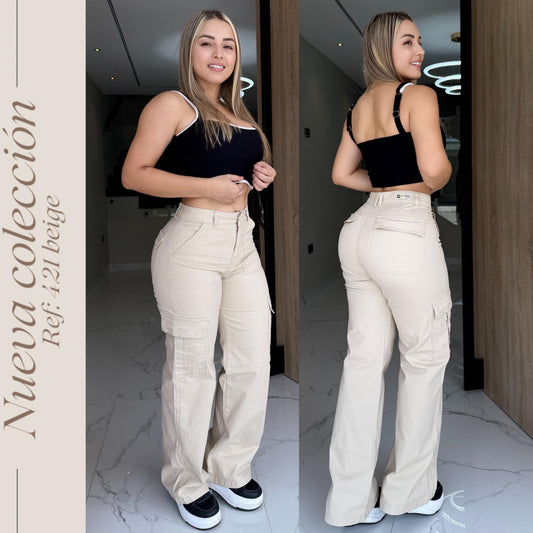 JEANS DAMA CARGO BEIS TIRO ALTO RF:421