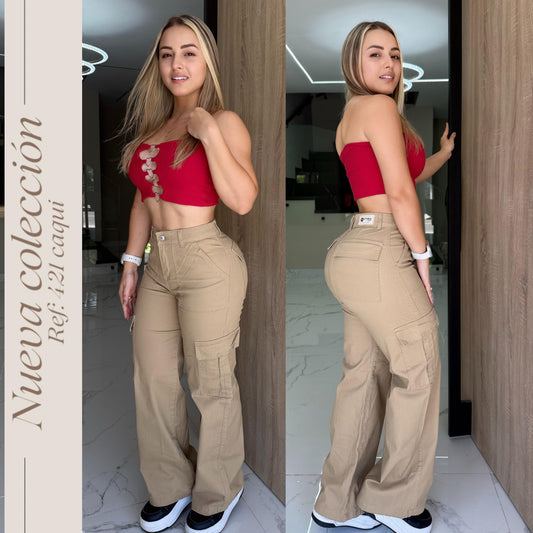 JEANS DAMA CARGO COLOR KAKI TIRO ALTO RF:421