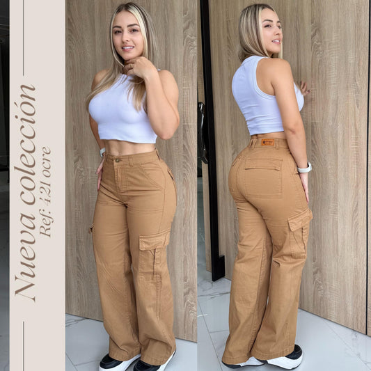 JEANS DAMA CARGO COLOR OCRE TIRO ALTO RF:421