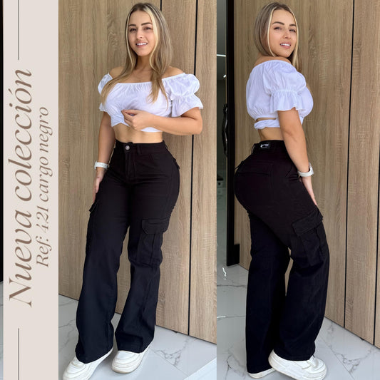 JEANS DAMA CARGO COLOR NEGRO TIRO ALTO RF:421