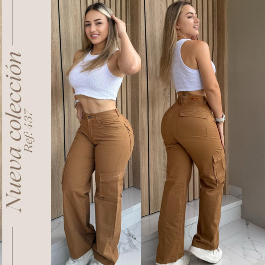 JEANS DAMA CARGO COLOR MOSTAZA TIRO ALTO RF:437