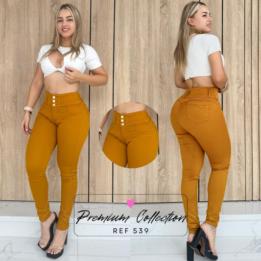 JEANS DAMA LEVANTA COLA COLOR MOSTAZA REF:539