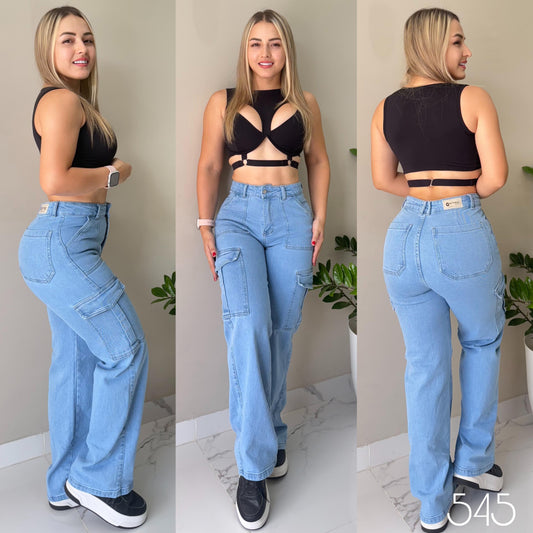 JEANS DAMA CARGO HIELO TIRO ALTO RF:545